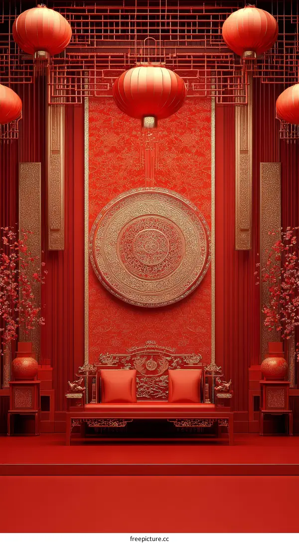Traditional Chinese Style Red Interior Design Illustration