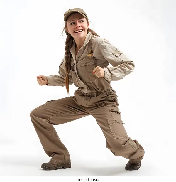 Young Woman in Workwear Posing on White Background