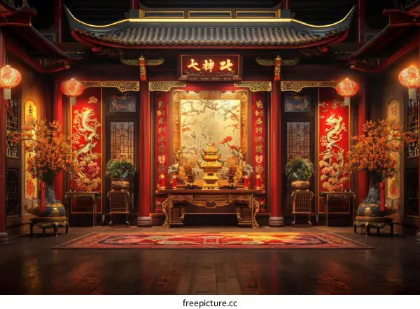 Traditional Chinese Temple Interior Scene Illustration