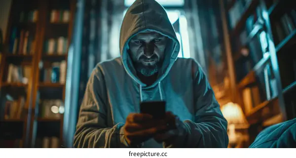 A man in a hoodie looking at his phone in a dark room
