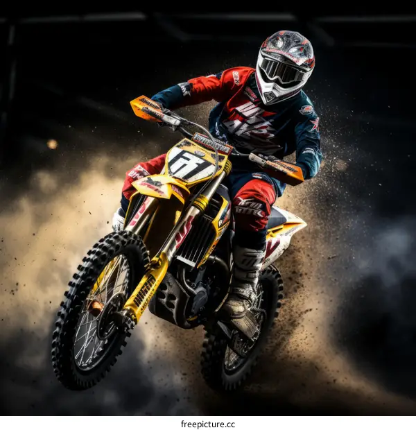 Motocross dirt bike rider jumping in mid air