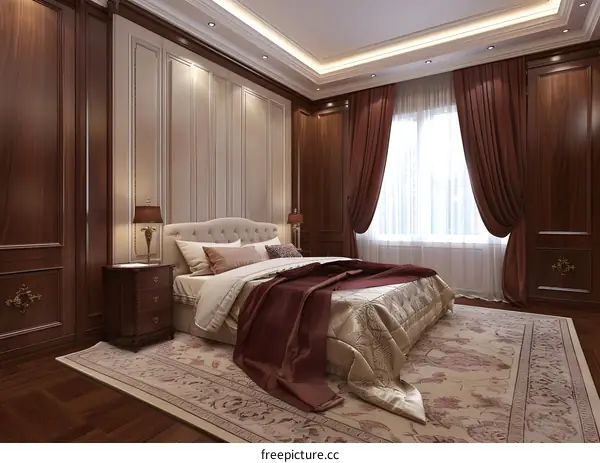 Interior Design of Modern Bedroom with Wooden Wall Panels