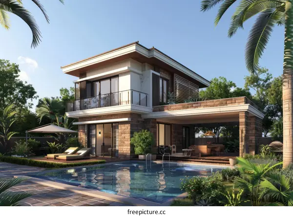 Modern Villa with Swimming Pool and Tropical Garden Design