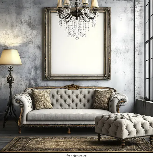Vintage Interior Design with Ornate Sofa and Chandelier