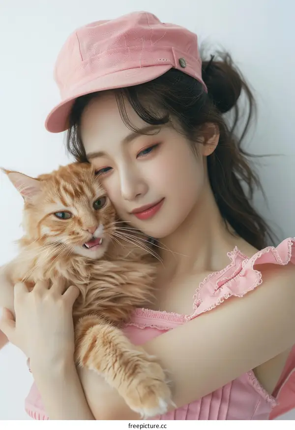 A ginger cat and a woman in a pink hat