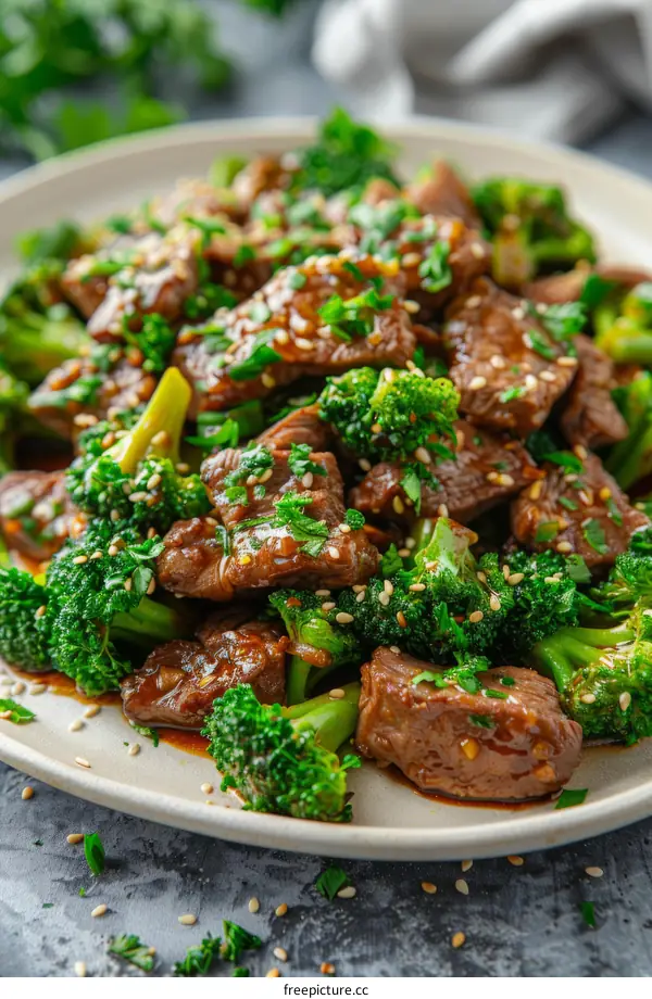 Beef and broccoli stir fry with sesame seeds