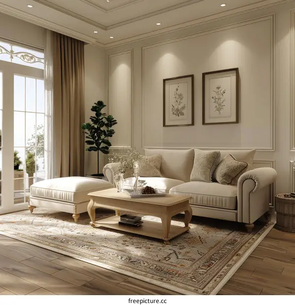 Spacious Modern Living Room with White Sofa and Green Plant