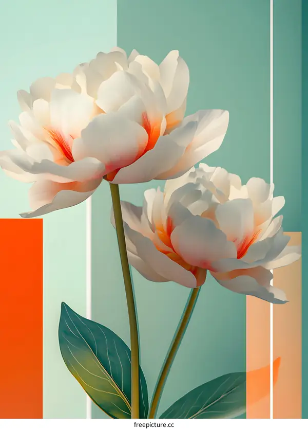 White Peonies with Green Leaves on Colored Background