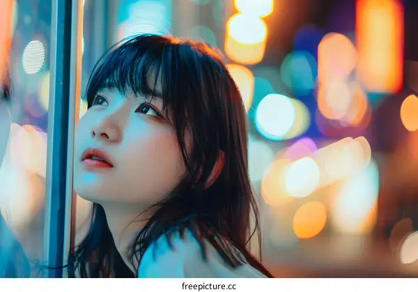 Young Woman Looking Up in the City at Night