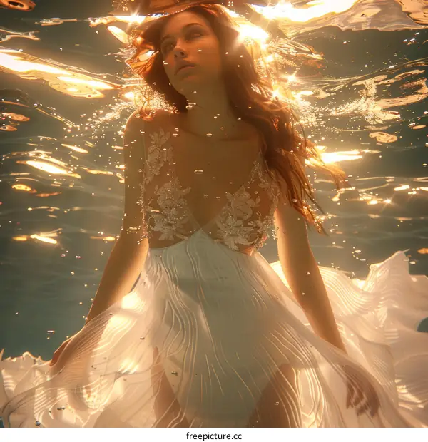 Woman in White Dress Underwater with Sun Rays