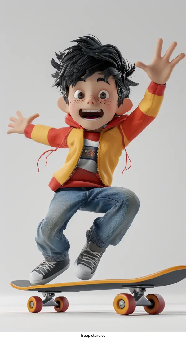 Excited Boy Jumping on Skateboard