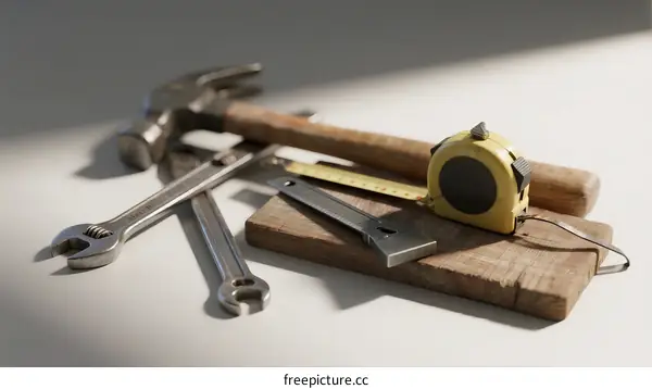 Assorted hand tools including hammer, wrenches, and tape measure