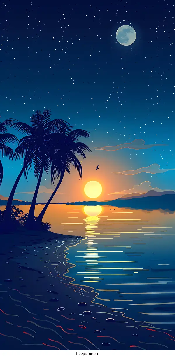 Tropical Sunset Beach With Palm Trees and Stars