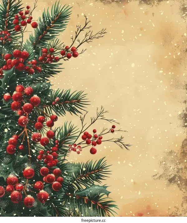 Vintage Christmas background with holly and pine branches