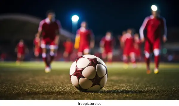 A soccer ball sits on the grass in front of a blurred background of soccer players in red uniforms