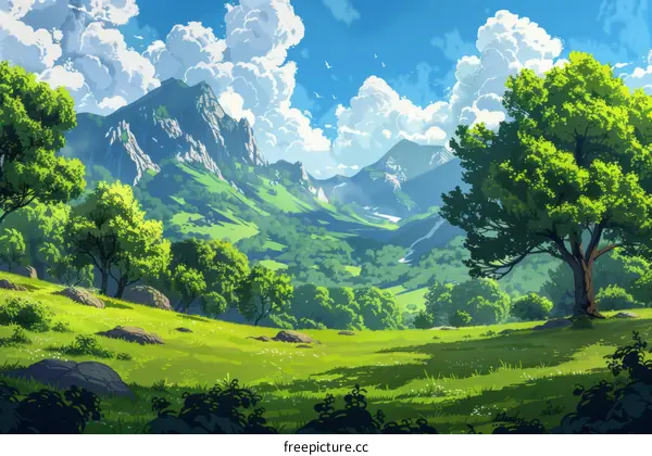 Fantasy Landscape with Green Hills and Azure Sky