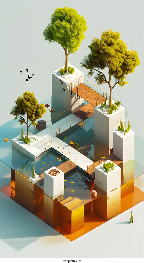 Abstract Minimalist Illustration of a Floating Island with Trees and Bridges