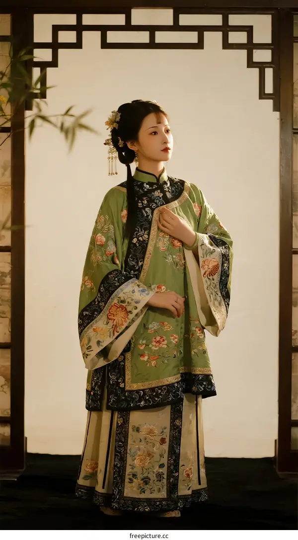 Elegant Chinese Woman in Traditional Green Hanfu Dress