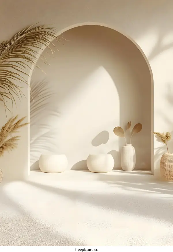 Minimalist White Archway with Palm Leaves and White Vases