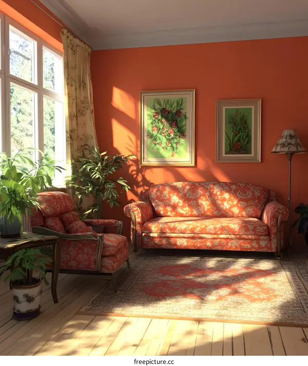 Living Room With Red Walls And Floral Patterned Sofa And Chair