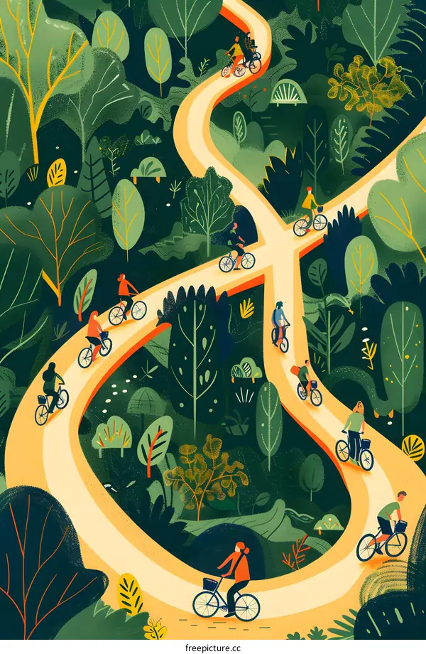 Cycling Through Nature, A Winding Path Filled with People on Bikes
