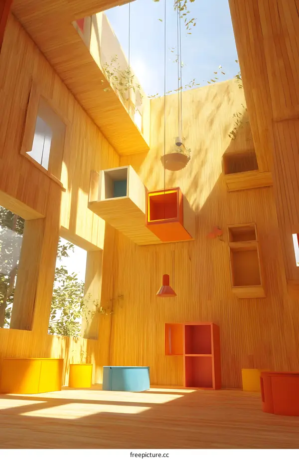 Modern Wooden Interior Design with Colorful Boxes