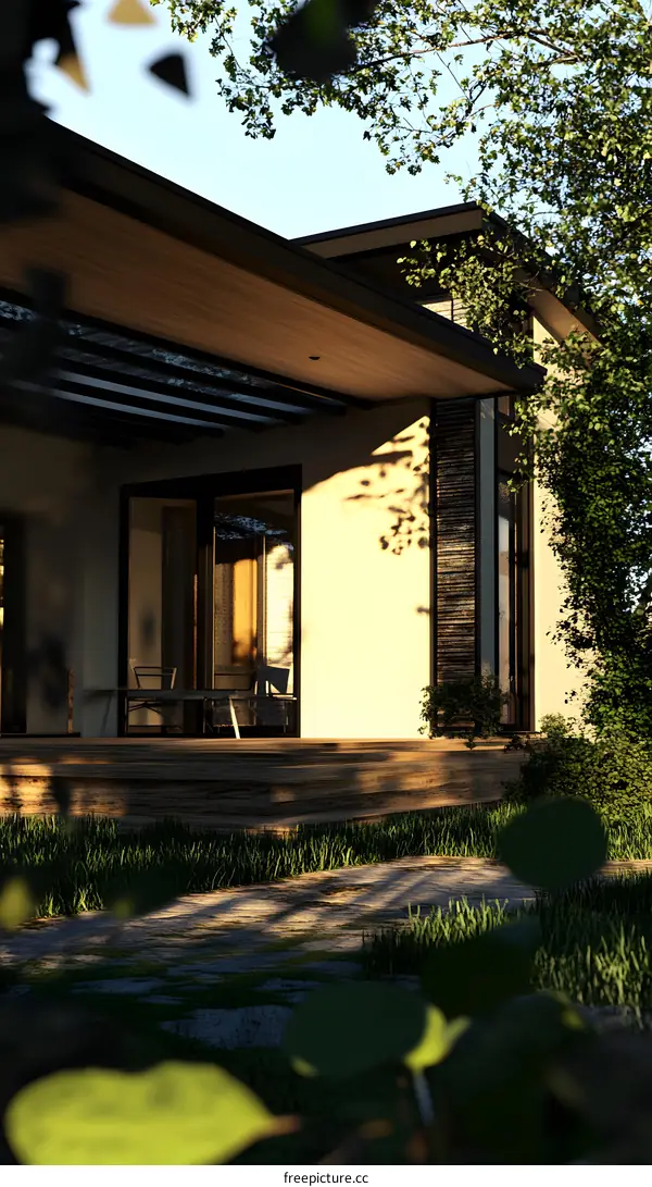 Modern House Exterior with Large Windows and Wooden Deck