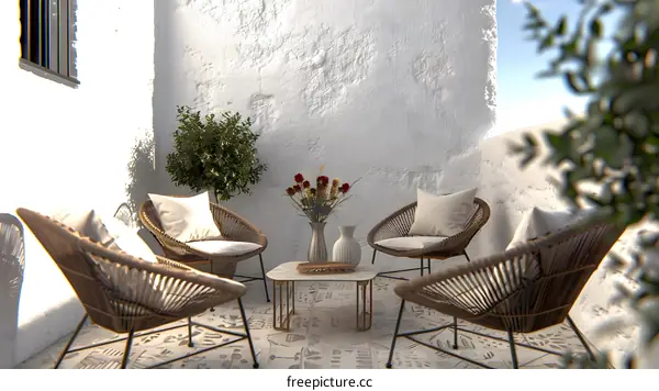White Wall Patio With Wicker Chairs And Flower Arrangement