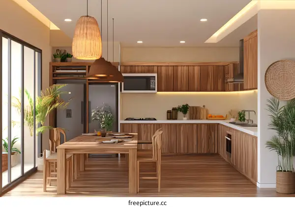 Modern Kitchen Interior Design with Wooden Cabinets and Pendant Lights