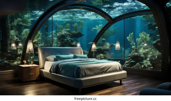 Underwater hotel bedroom with large glass windows looking into the ocean
