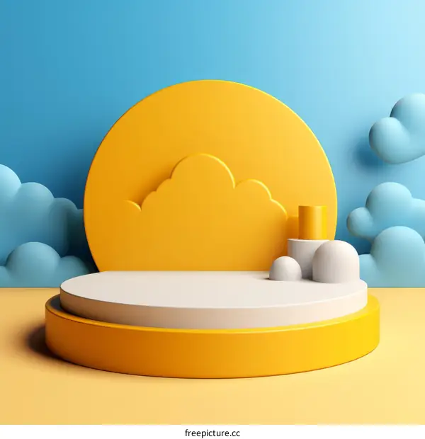 3D rendering of a podium with clouds and a sun