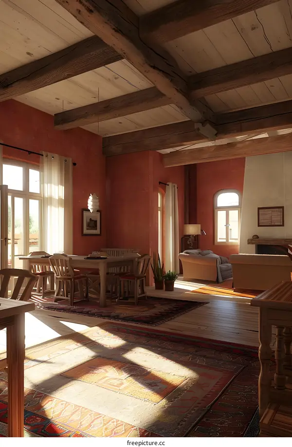 Rustic Living Room Interior Design With Wooden Beams And Rugs