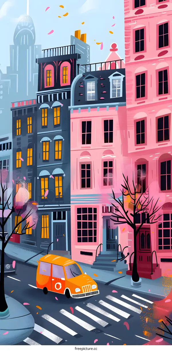 Colorful Illustration of City Street Scene with Buildings, Cars and Trees