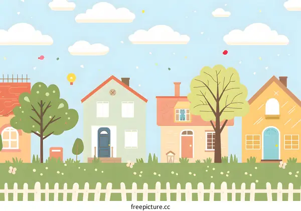 Cute Cartoon Illustration Of A Small Town With Houses, Trees And A Fence