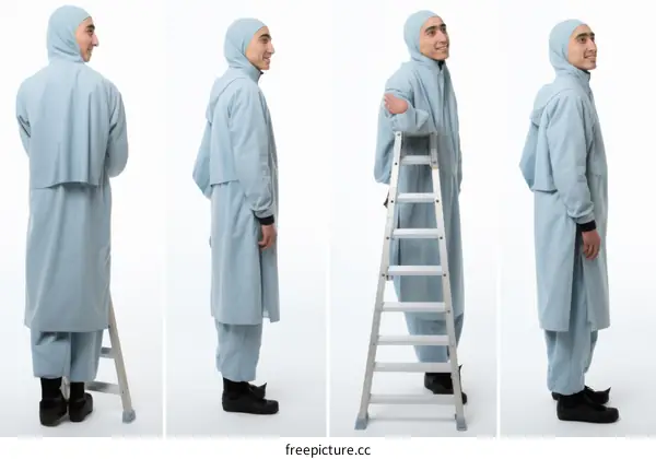 Three views of a young man in a blue suit