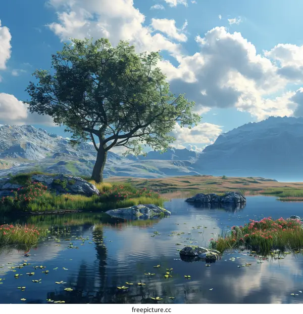 Serene Mountain Lake Scenery with a Solitary Tree