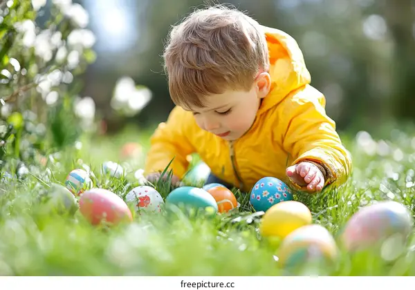Child Searching for Easter Eggs in the Grass