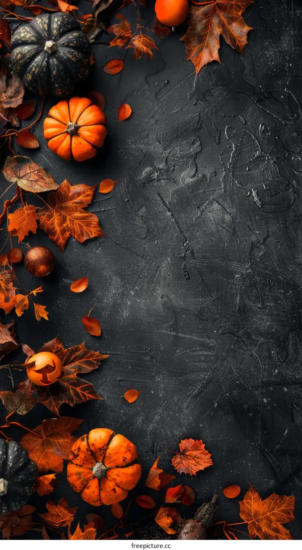 Spooky Pumpkins And Leaves On Dark Background