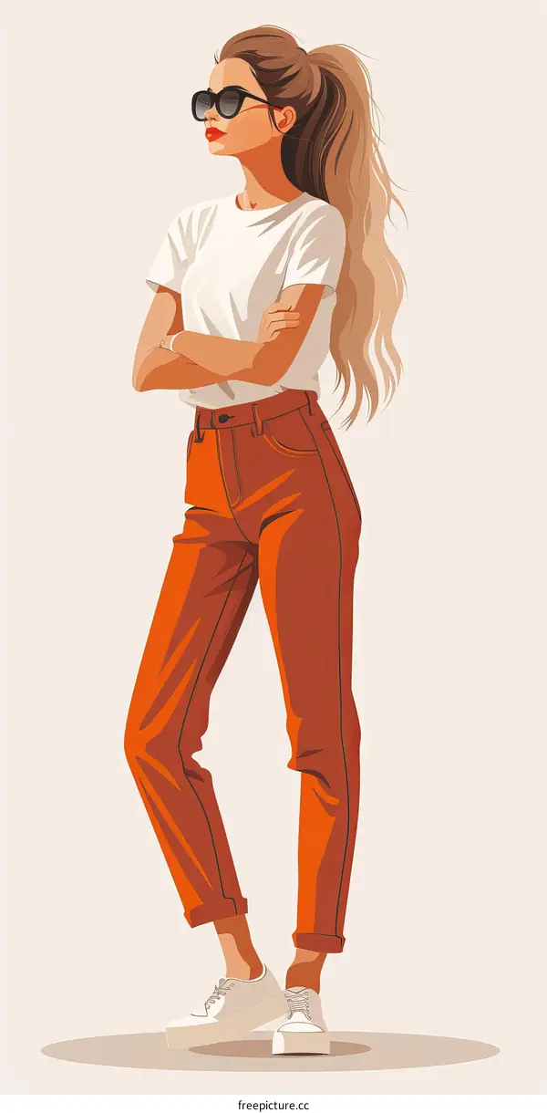 Fashion illustration of a woman wearing orange pants