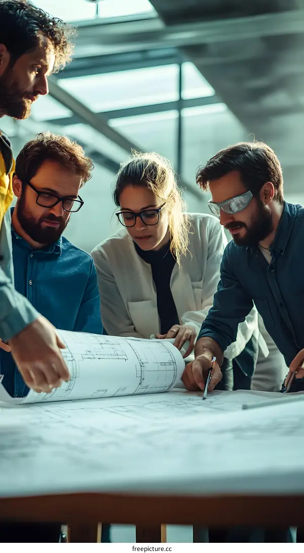 Team of Architects Discussing Blueprint for Construction Project