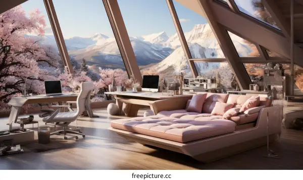 futuristic home office with a stunning mountain view