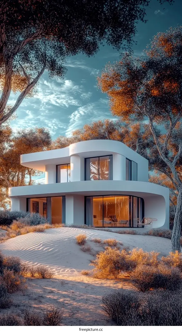 Modern House with Sand Dunes and Trees