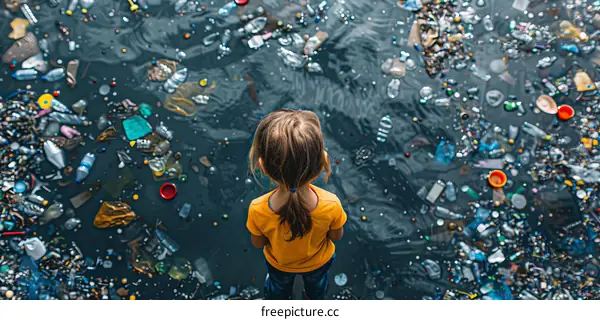 Little girl looking at polluted water
