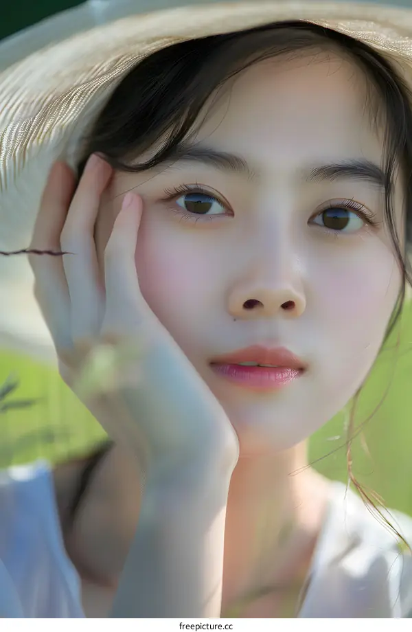 Closeup Portrait of a Young Asian Woman in a Straw Hat