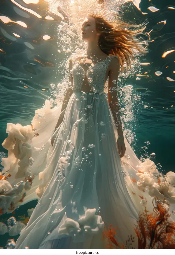 An ethereal underwater photoshoot of a woman wearing a white dress
