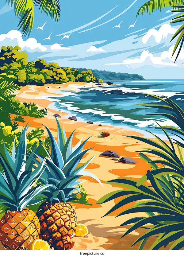 Tropical Beach with Pineapples and Palm Trees