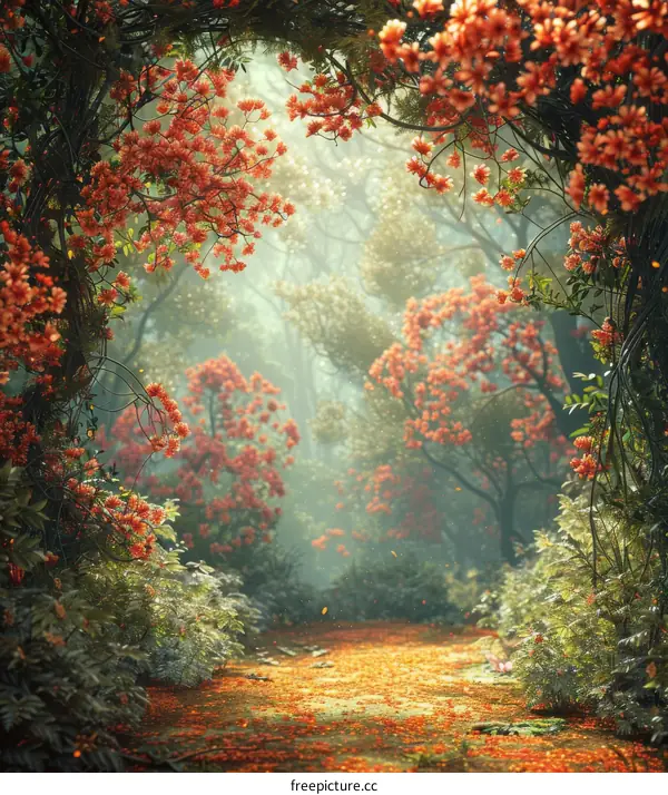 Mystical Fantasy Forest Path with Vibrant Red Flowers