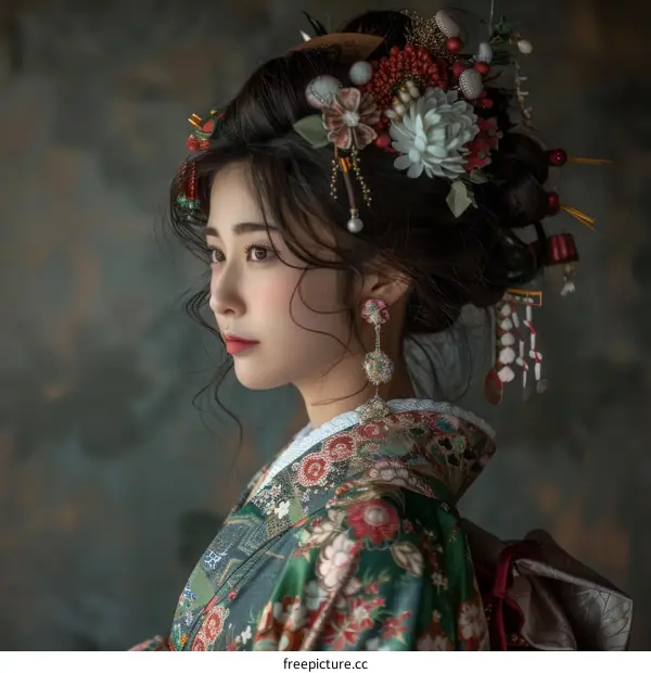 Portrait of a beautiful Japanese woman in traditional kimono