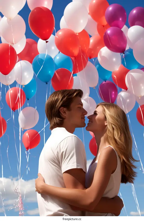 A young couple is kissing in front of a large number of red, white, and blue balloons.