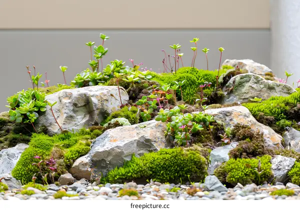 Closeup of Green Moss and Rocks in a Garden